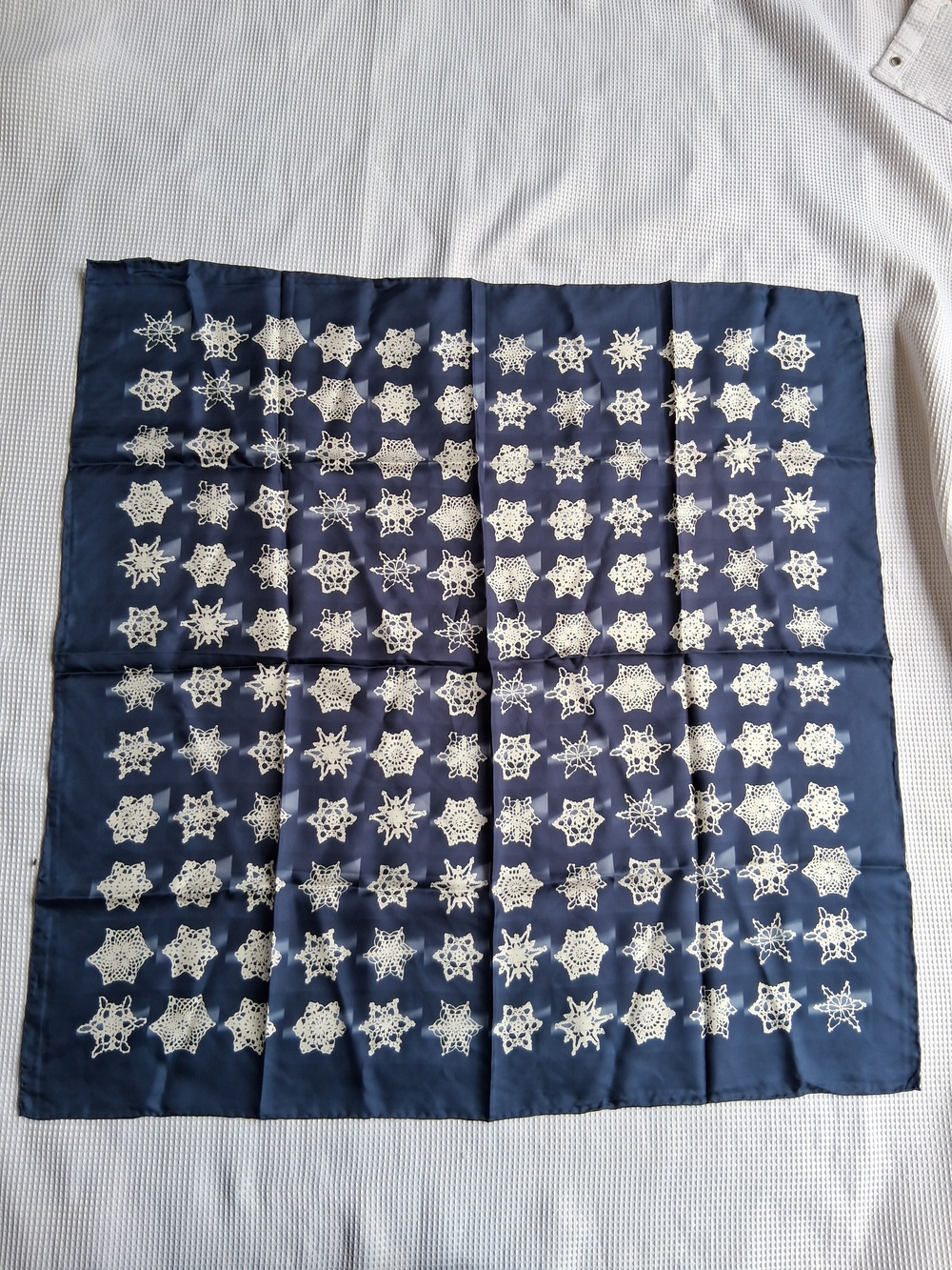 Vintage Navy Snowflake Print Silk-Feel Square Scarf 100% Silk